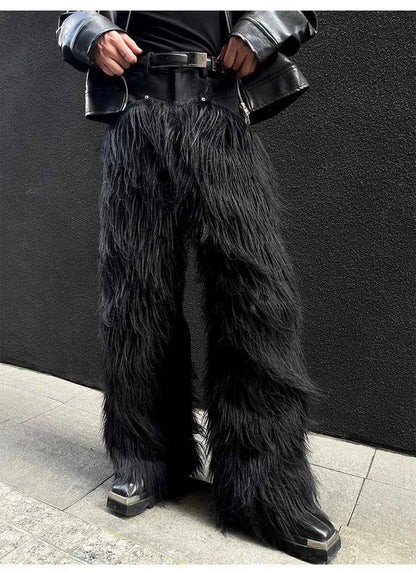 Mauroicardi Autumn Winter Long Black Thick Warm Hairy Shaggy Faux Fur Wide Leg Pants for Mens Luxury Designer Clothes Streetwear