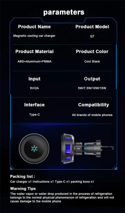 ice Cooling Magnetic Wireless Car Charger Stand for iPhone 16 15 14 13 12 Pro Max MacSafe Car Phone Holder Fast Charging Station