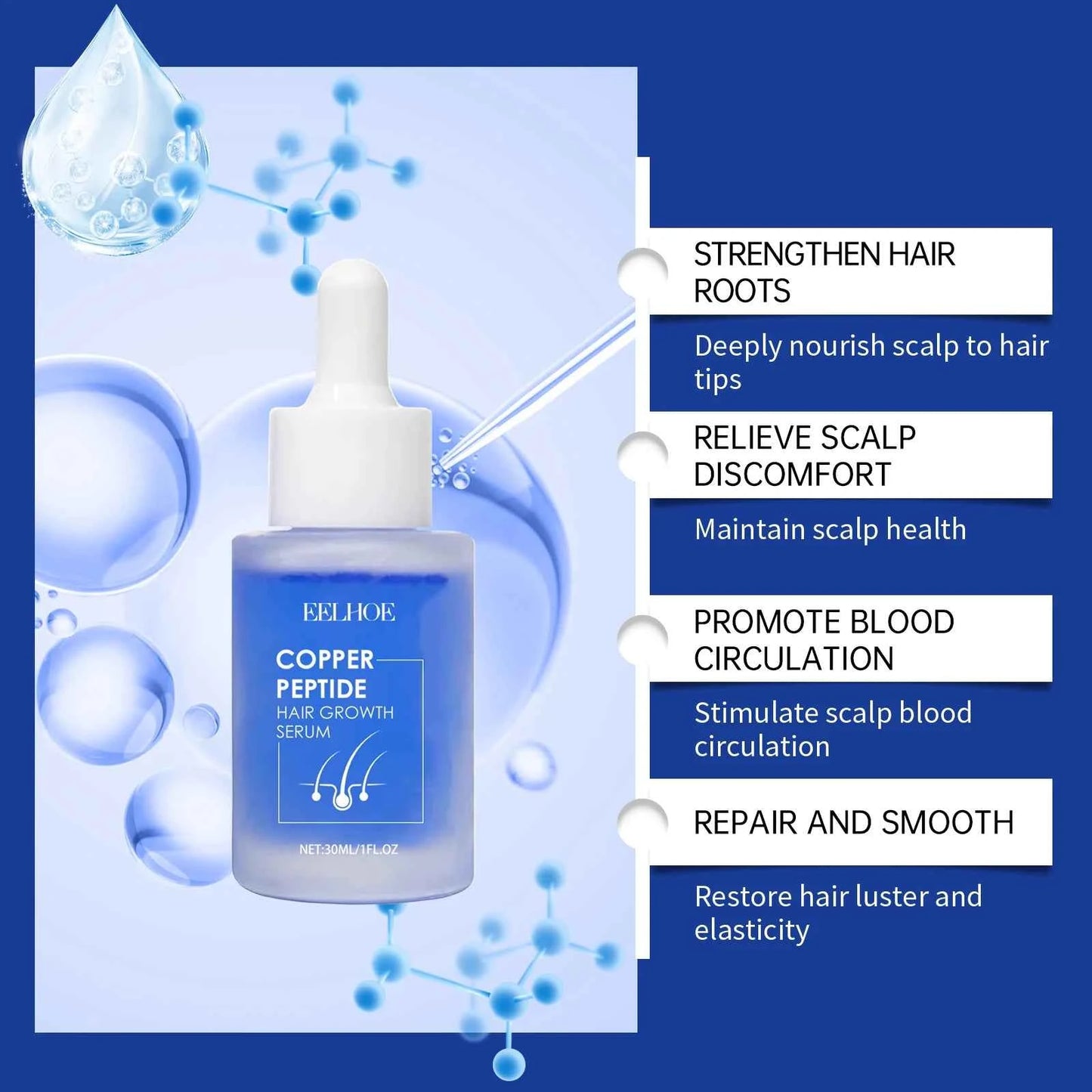 EELHOE 30ml Copper Peptide Hair Serum Strengthening Hair Roots Repair Hairs Damage Essence Nourish Smoother Hair Loss Growth Oil