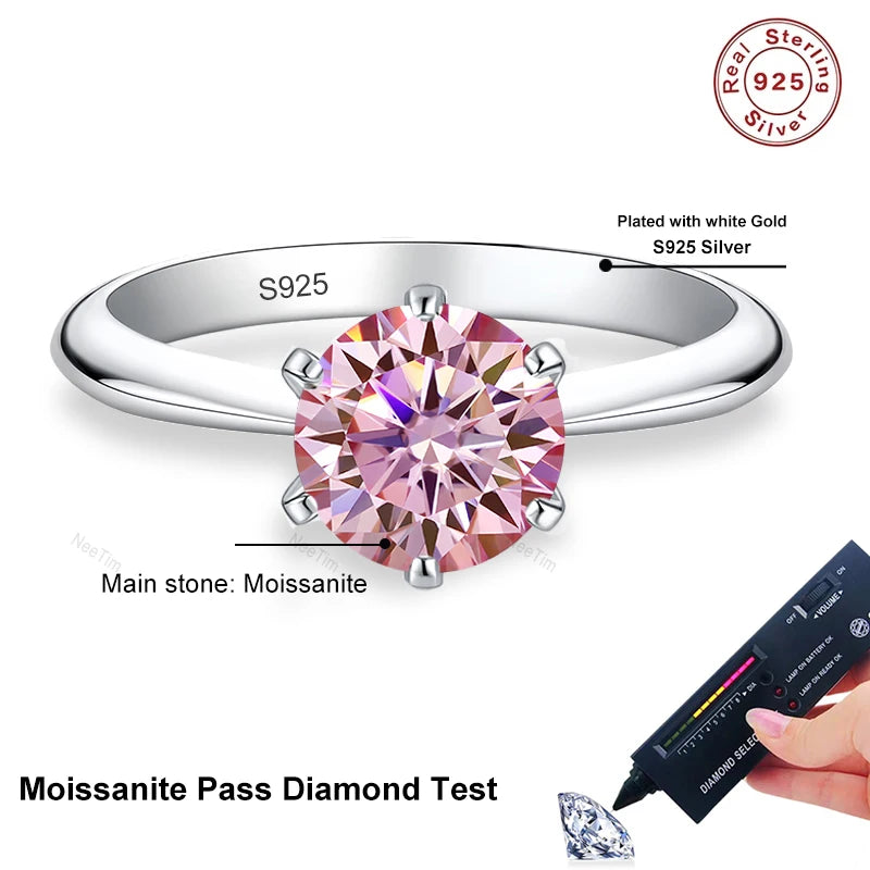 NeeTim 0.5ct 1ct 2ct 3ct Blue Pink Purple Black Moissanite Rings for Women Sterling 925 Silver Wedding Party Band Woman's Ring