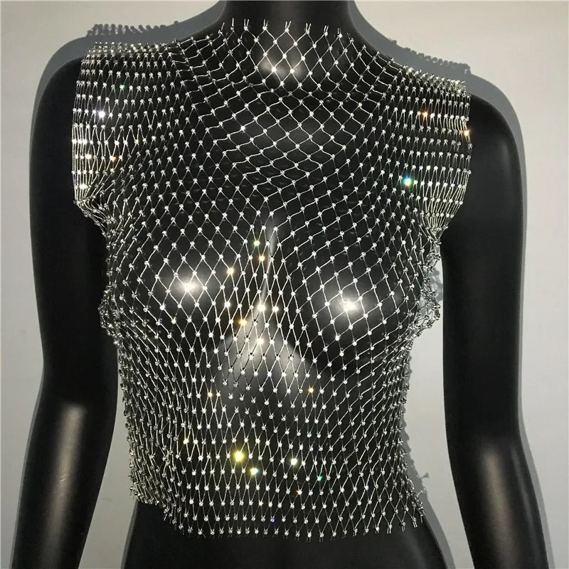 Women's Fishnet Rhinestone Crop Top 2024 Summer Sexy Mesh High Elastic Black White Shirt Net See Through Rave Diamond Tank Top - AMULET RING STORE