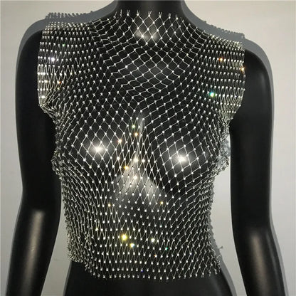 Women's Fishnet Rhinestone Crop Top 2024 Summer Sexy Mesh High Elastic Black White Shirt Net See Through Rave Diamond Tank Top - AMULET RING STORE