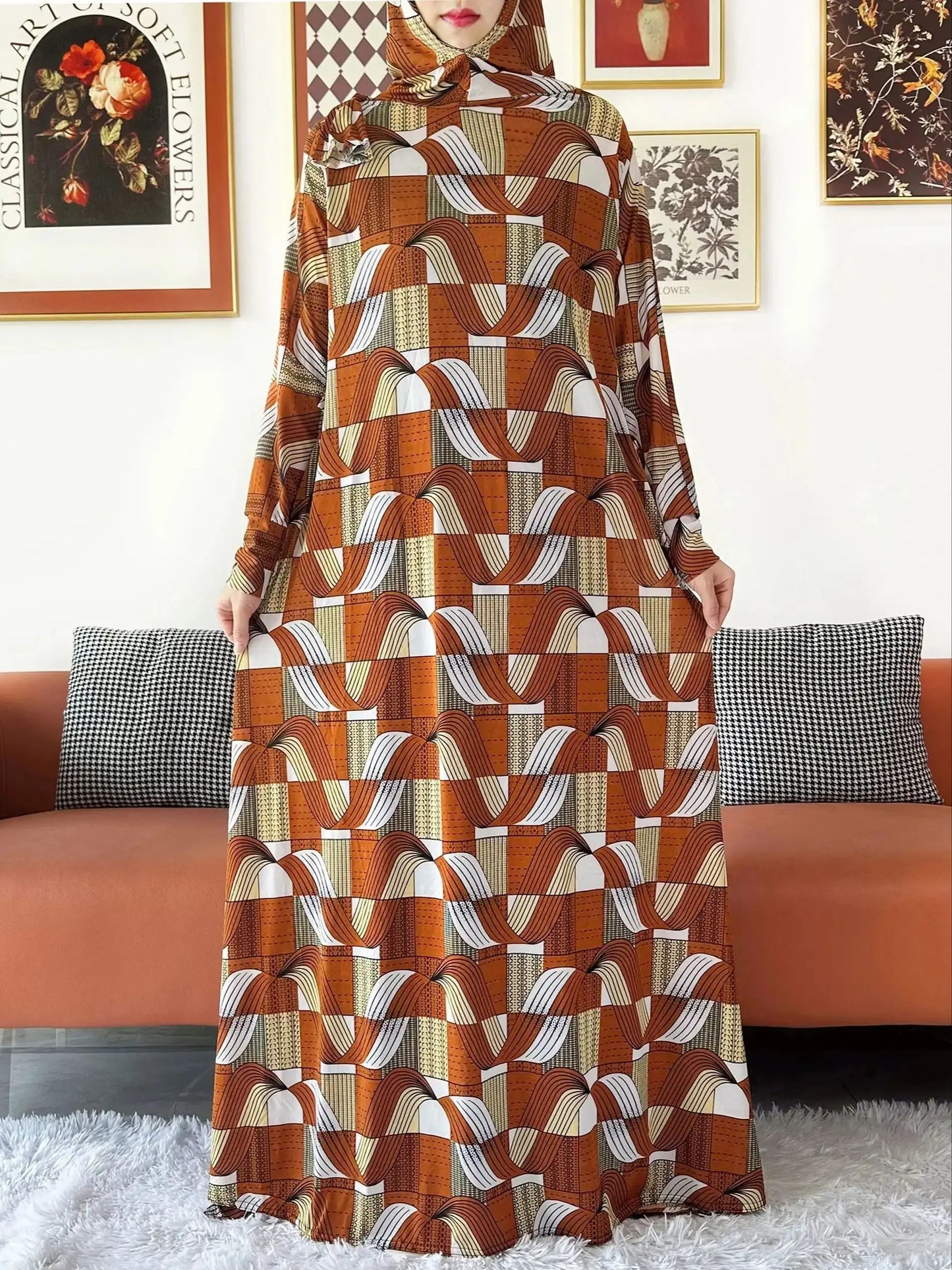 2025 Floral Ramadan Muslim Dress Solid Color Khimar Kaftan Abaya Robe with Attached Hijab Middle East Prayer Garment for Women - AMULET RING STORE