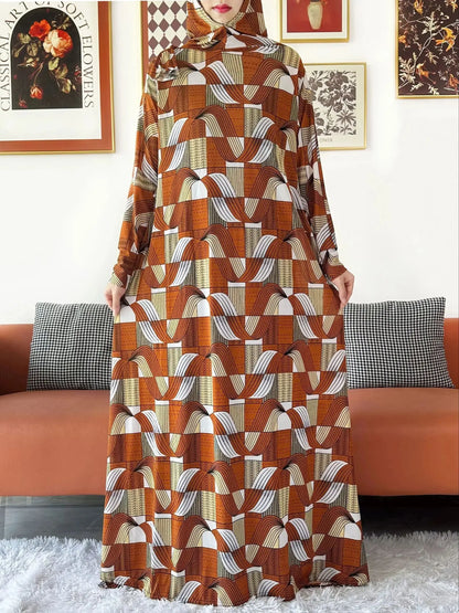 2025 Floral Ramadan Muslim Dress Solid Color Khimar Kaftan Abaya Robe with Attached Hijab Middle East Prayer Garment for Women - AMULET RING STORE