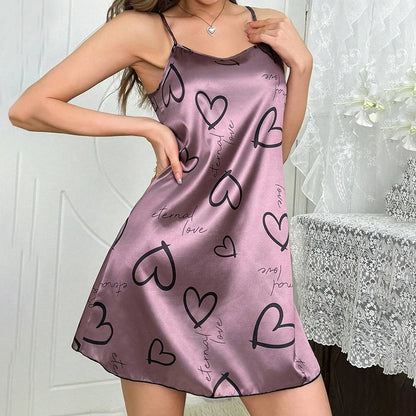 Women's Sleepdress Satin Floral Print Nightdress Comfortable Spaghetti Strap Sleepwear Dress Luxurious Satin Slip Nightdress - AMULET RING STORE
