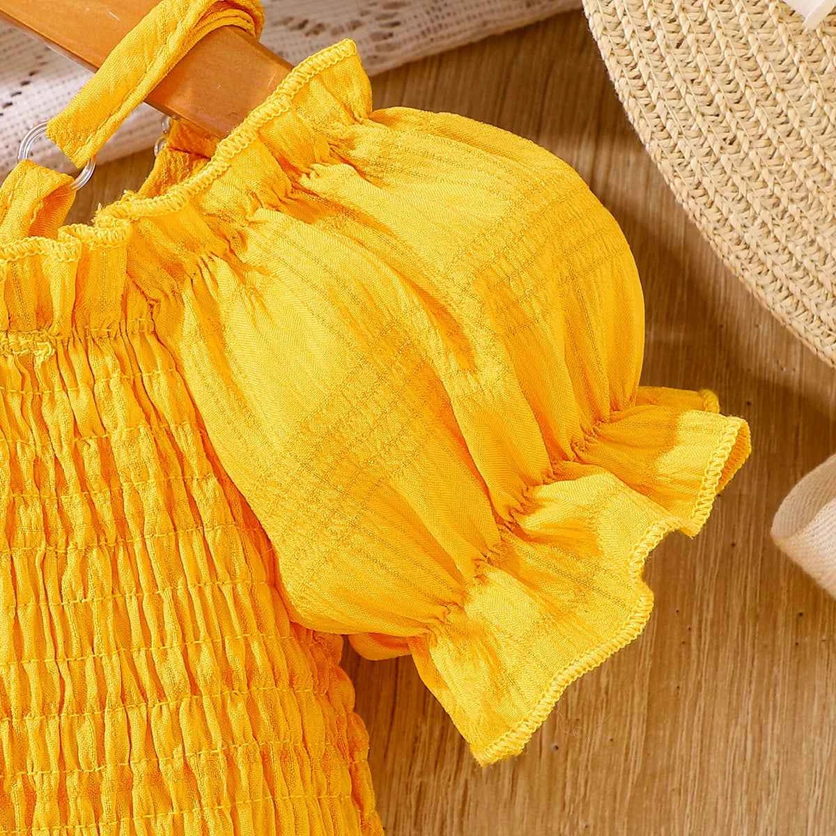 Girls Summer Sunflower Outfit with Shoulder Bared Bubble Sleeve Top And Flounce Hem Short Skirt Two Piece Set