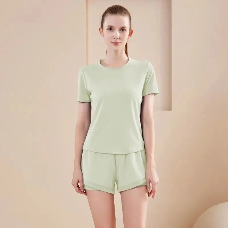 Yoga Set Women Sport T-Shirt Back Mesh Design High Waist Shorts Quick Dry Run Yoga Sports Short Sleeve Shorts Two-piece Yoga Set