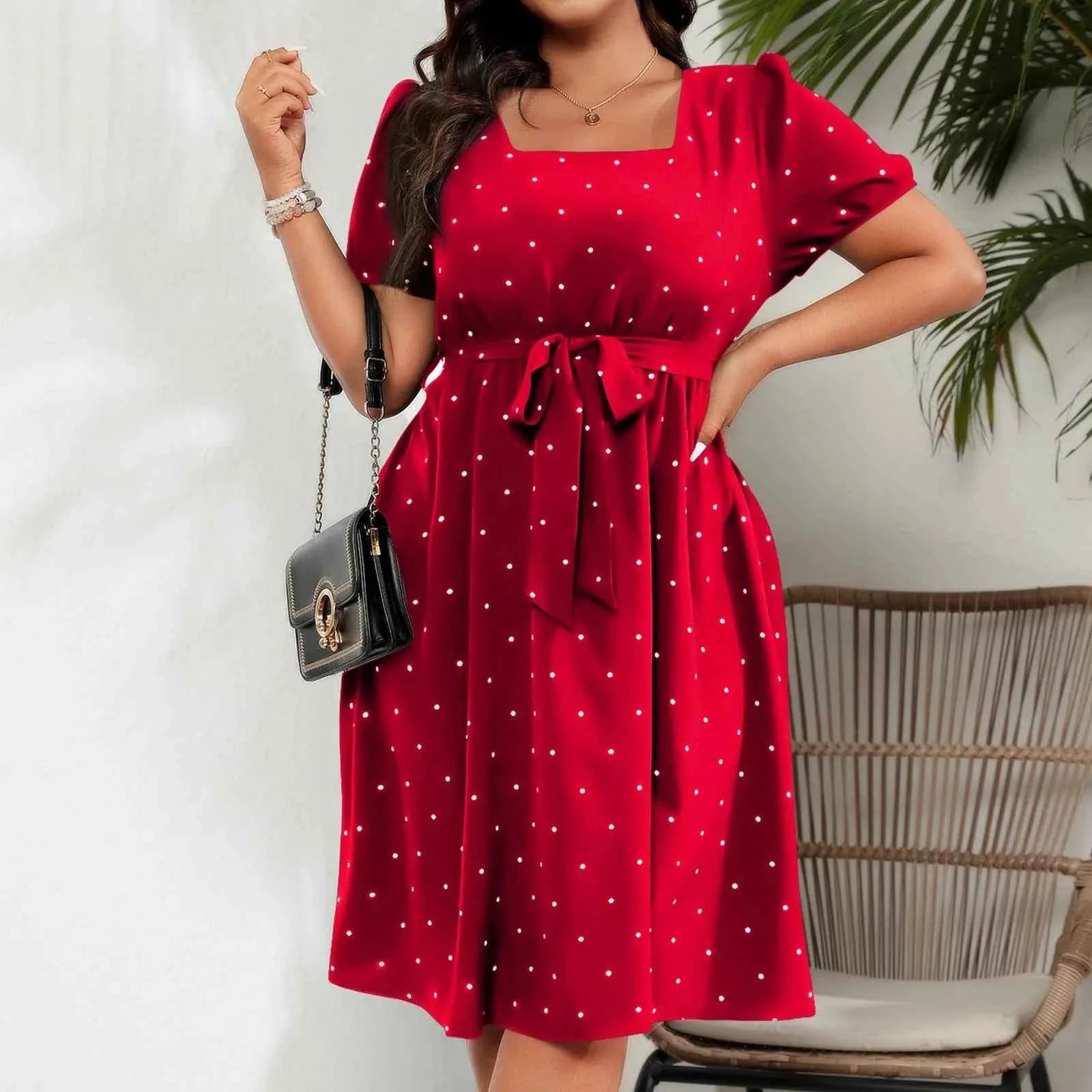 Plus Size Ladies Elegant Retro Polka Dot Waist Tie Square Neck Dress Classic Fashion Summer Short Sleeve Vacation A-line Skirt