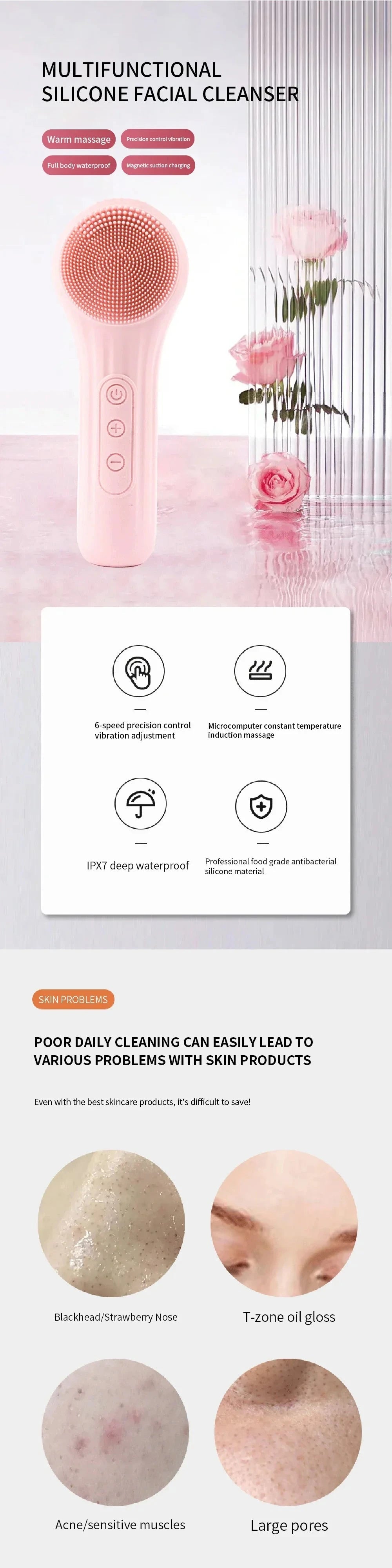 Electric Facial Cleansing Brush Sonic IPX7 Waterproof Silicone Face Scrubber Exfoliator Vibration Massager Deep Cleansing Care