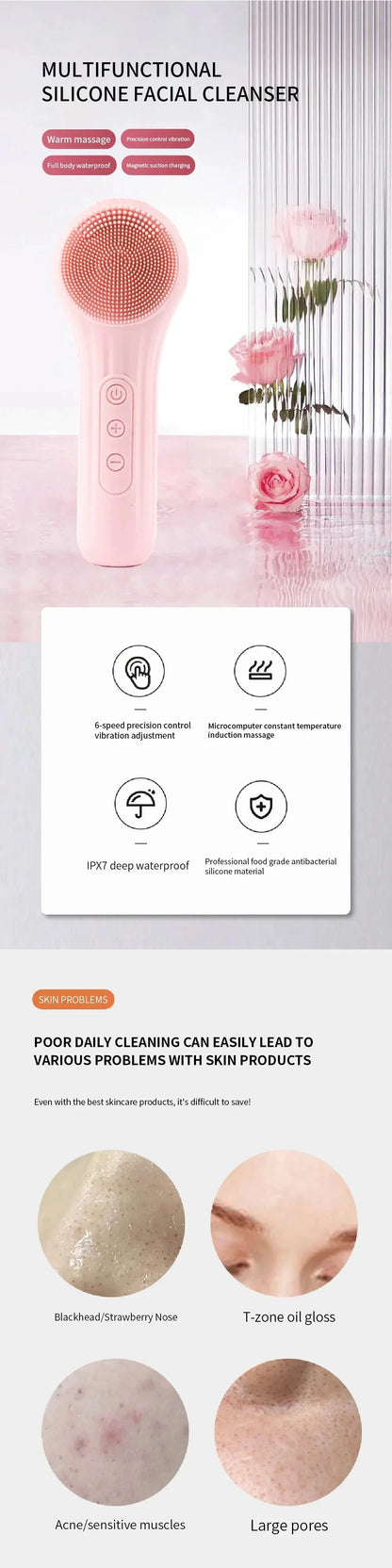 Electric Facial Cleansing Brush Sonic IPX7 Waterproof Silicone Face Scrubber Exfoliator Vibration Massager Deep Cleansing Care