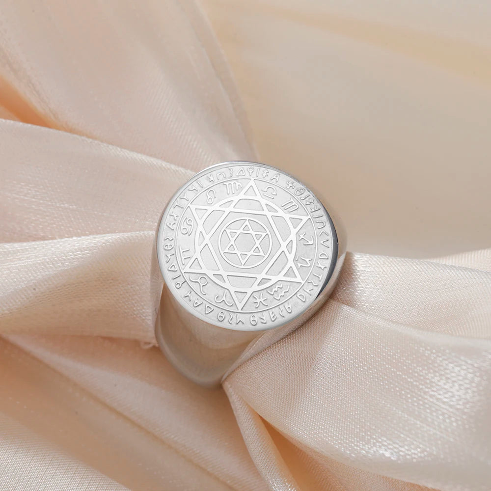Dawapara Talisman Seal Solomon Ring Hexagram 12 Constellation Kabbalah Prosperity Good Health Amulet Stainless Steel Jewelry - AMULET RING STORE