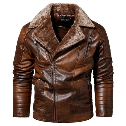 Men's Fur Collar Jacket PU Leather Vintage New Winter Men's Streetwear Thicken Leather Jacket Retro Men Brand Leathe Jacket