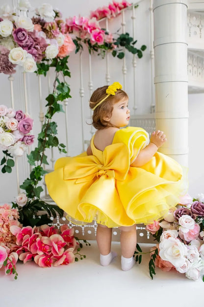Lovely Yellow Flower Girl Dress Baby First Communion Gowns Wedding Thin Length Bow Belt Kids Birthday Gift Ball Party Clothing