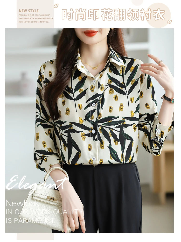 2025 Spring Autumn New Office Lady Blouse Fashion Floral Printed Shirt Turndown Collar Med-Length Long Sleeve Women Tops