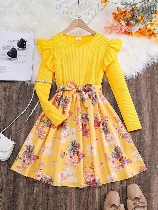 Spring And Autumn Winter Girls Children Girls, Casual Cute Sweet Petal Sleeves Adjustable Belt Digital Printed Dress