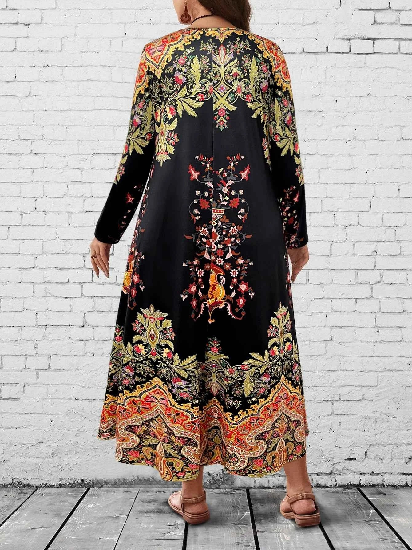 Plus Size Women's Boho Floral Maxi Dress, Long - Sleeve V - Neck, Ethnic Print, Casual & Festival Wear