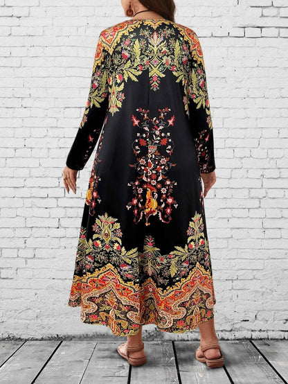 Plus Size Women's Boho Floral Maxi Dress, Long - Sleeve V - Neck, Ethnic Print, Casual & Festival Wear