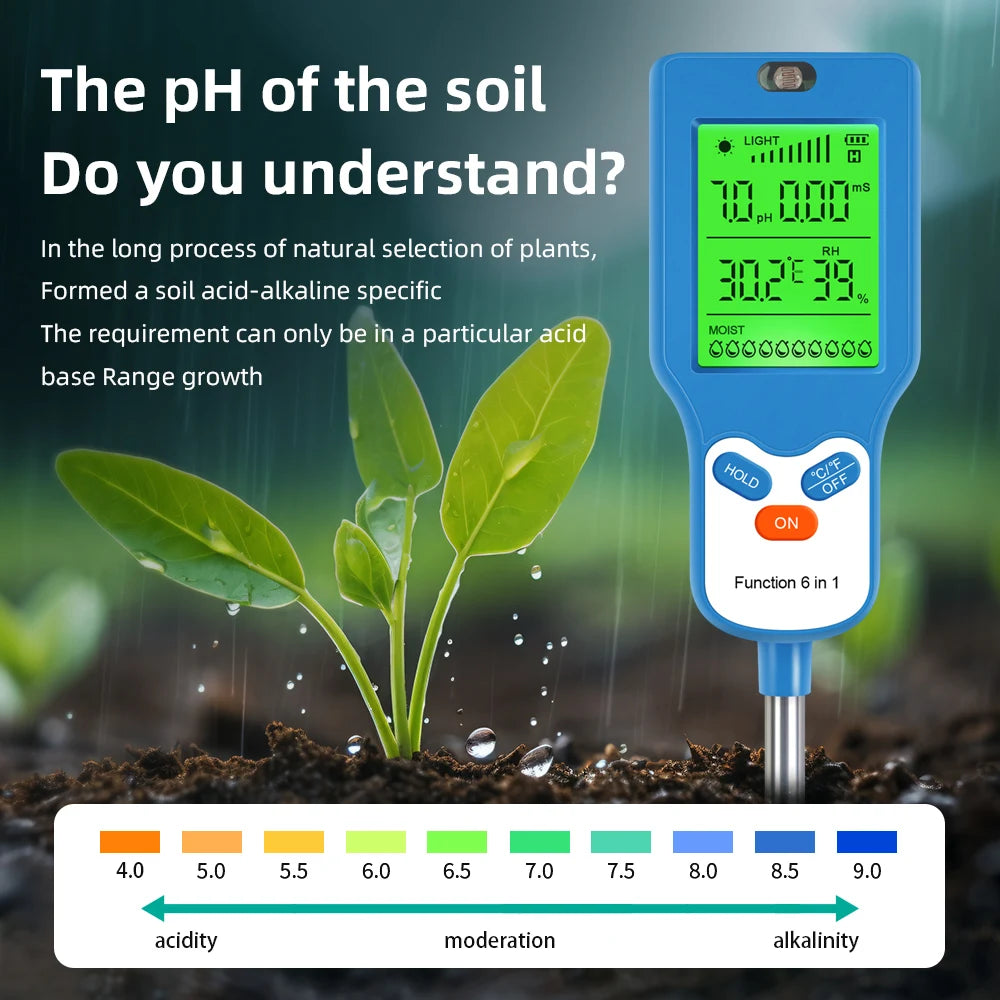 90° Digital 6 in 1 Multifunctional Soil PH Temperature Meter Farm Garden Fertility Moisture Sunlight Humidity Tester Detector - AMULET RING STORE