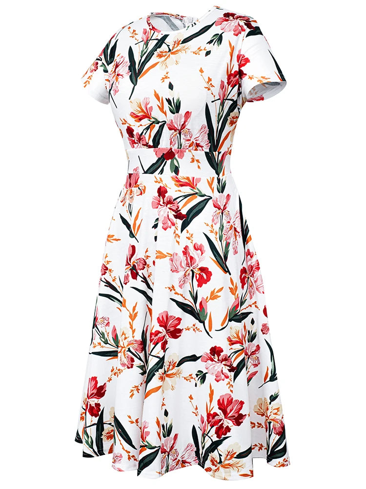 Nice-forever Vintage Elegant Floral Print Pleated Round neck vestidos A-Line Pinup Business Party Women Flare Swing Dress A102