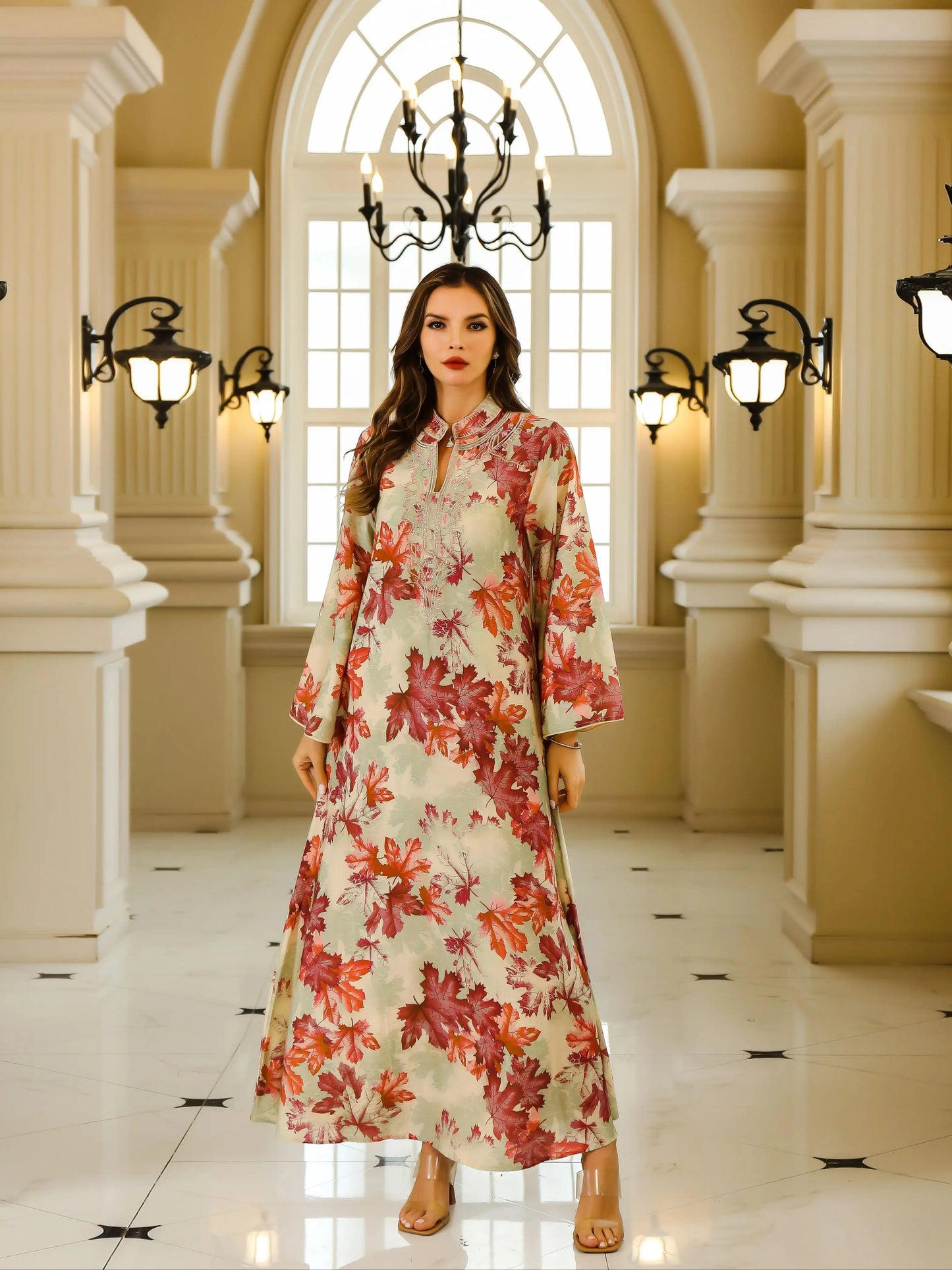 Elegant Middle Eastern Abaya Dress - Long Sleeve Geometric Print Loose Fit Kaftan with Embroidery Detail, Floor-Length Muslim Dr - AMULET RING STORE