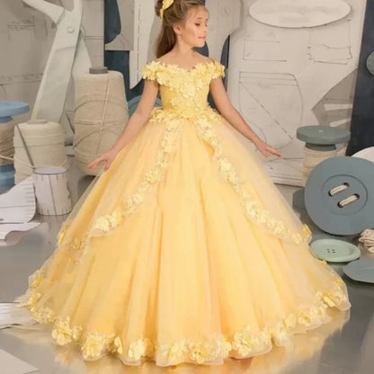 Customize Yellow Flower Girl Dresses Beading Appliqued Pageant Birthday For Girls First Communion Dresses Kids Prom Dresses