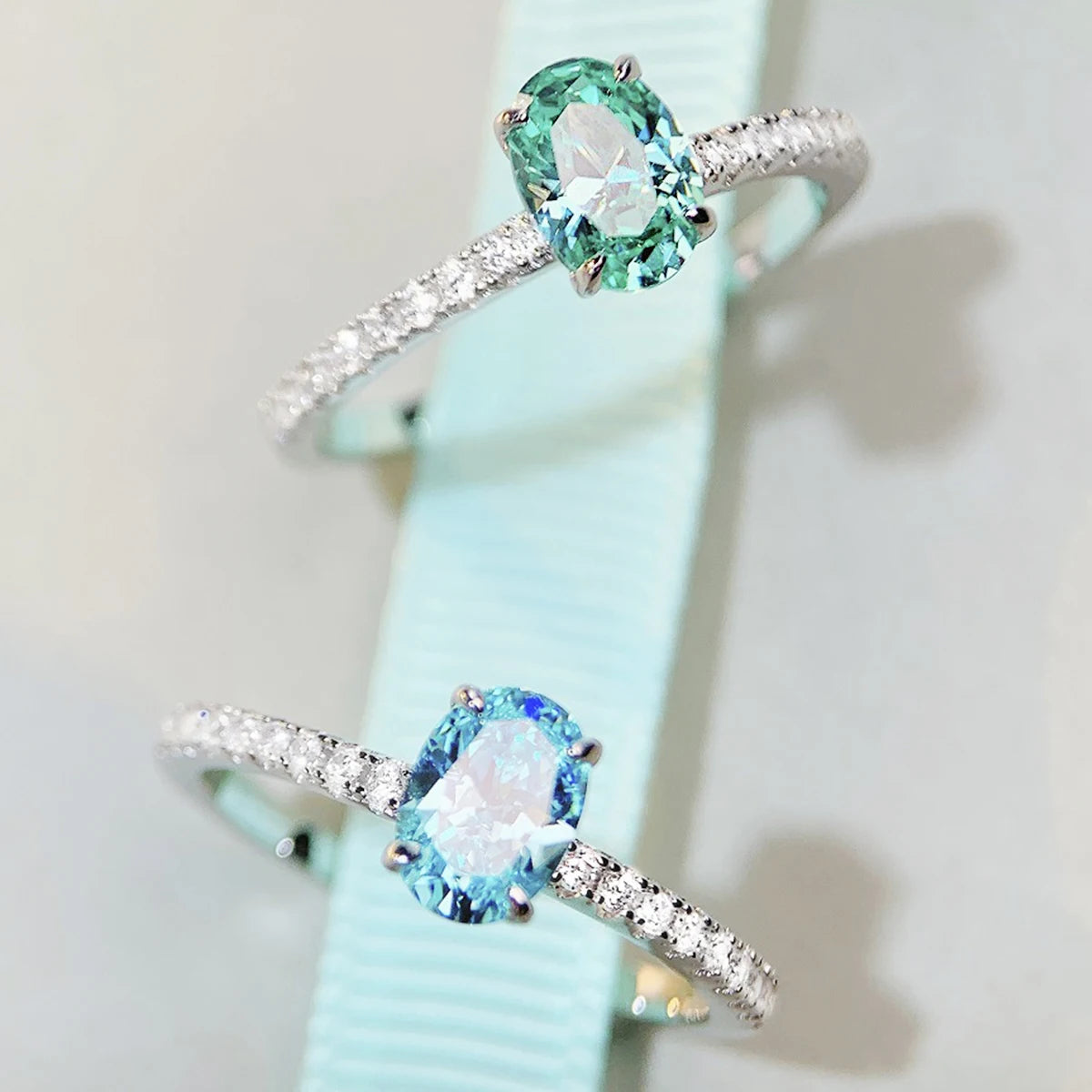 Genuine S925 Silver Ring for Women 1 Carat Oval CZ Green or Blue Center & Round Accents Engagement Wedding Anniversary Jewelry