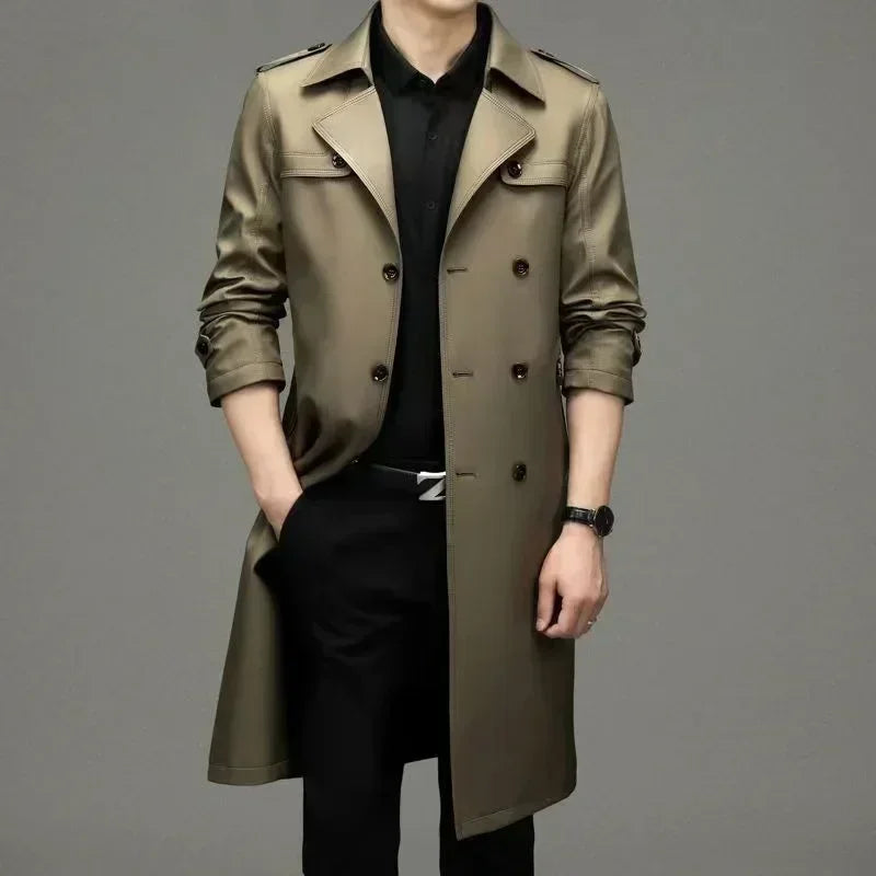 Brand Business Men's Windbreaker 2023 Autumn High-quality Khaki Navy Black Double-breasted Trench Coat Fashion Male New Clothing - AMULET RING STORE