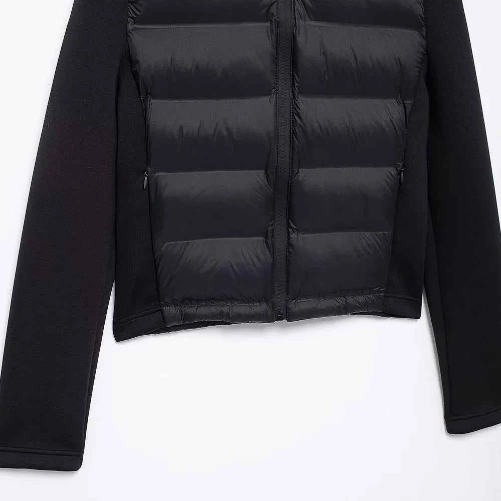 Hooded Patchwork Padded Jacket Coat with Pockets for Women, Long Sleeve, Front Zipper, Female Outerwear, Chic Tops, Fashion