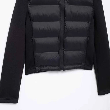 Hooded Patchwork Padded Jacket Coat with Pockets for Women, Long Sleeve, Front Zipper, Female Outerwear, Chic Tops, Fashion