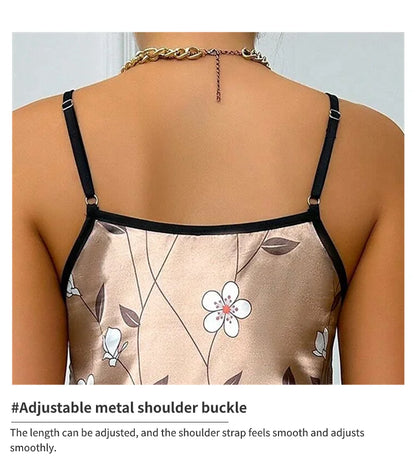 Women's Sleepdress Satin Floral Print Nightdress Comfortable Spaghetti Strap Sleepwear Dress Luxurious Satin Slip Nightdress - AMULET RING STORE