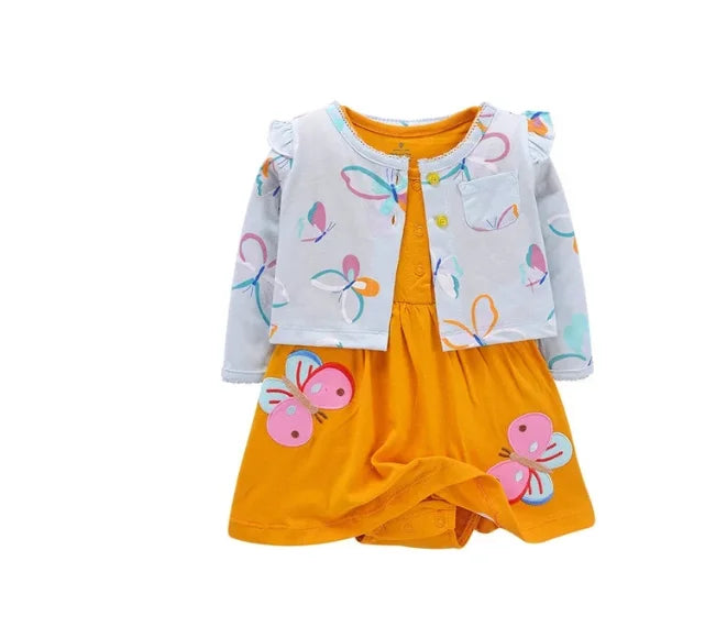 Infant Baby Girls Bodysuit Dress Cotton Floral Baby Girls Long-Sleeved Coat+Short SLeeve Dress 2Pieces Baby Girls Clothes sets