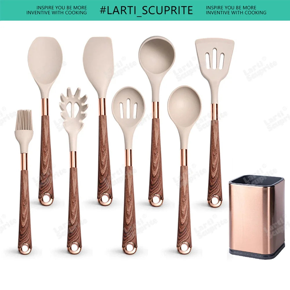 Good Quality Silicone Kitchen Utensils Set Rose Gold Plated Handle Cooking Tool Non-stick Heat Resistant Kitchenware Accessories