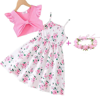 2Pcs Girls Elegant Pink Floral Print Dress Summer Sleeveless Casual Dress and Jacket Sets for Girls Festivals Outing Clothes