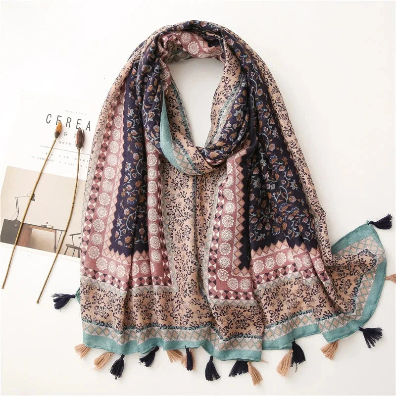 2025 Luxury Retro Bohemian Floral Women Viscose Scarf Designer Shawl Cotton Linen Feeling Tassel Pashmina Muslim Hijab Wrap
