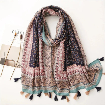 2025 Luxury Retro Bohemian Floral Women Viscose Scarf Designer Shawl Cotton Linen Feeling Tassel Pashmina Muslim Hijab Wrap