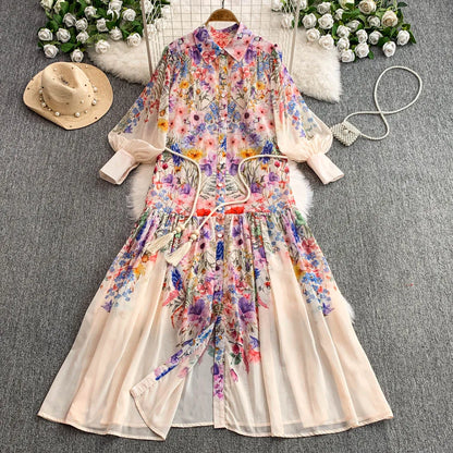 Faionable Print Long Dr Women's Spring Belted Waist Pleated Lantern Sve Turn-down Collar Dr Korean Sle Commute