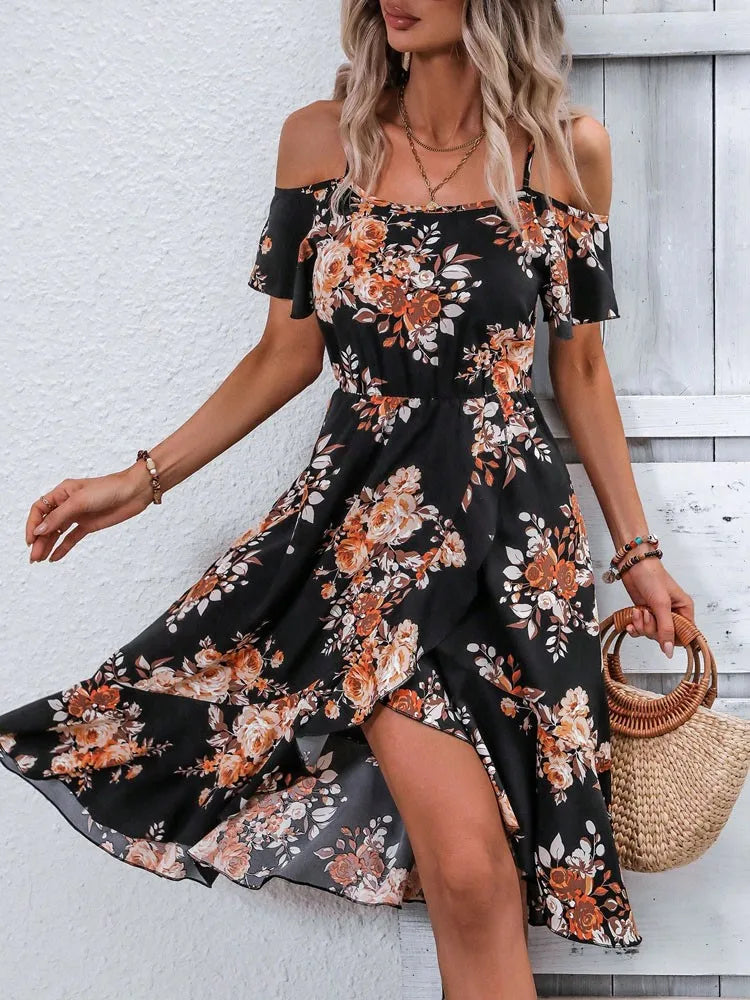 Summer women's printed off shoulder slit camisole irregular skirt shape women's elegant dress with temperament - AMULET RING STORE