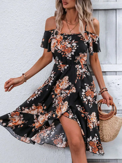 Summer women's printed off shoulder slit camisole irregular skirt shape women's elegant dress with temperament - AMULET RING STORE