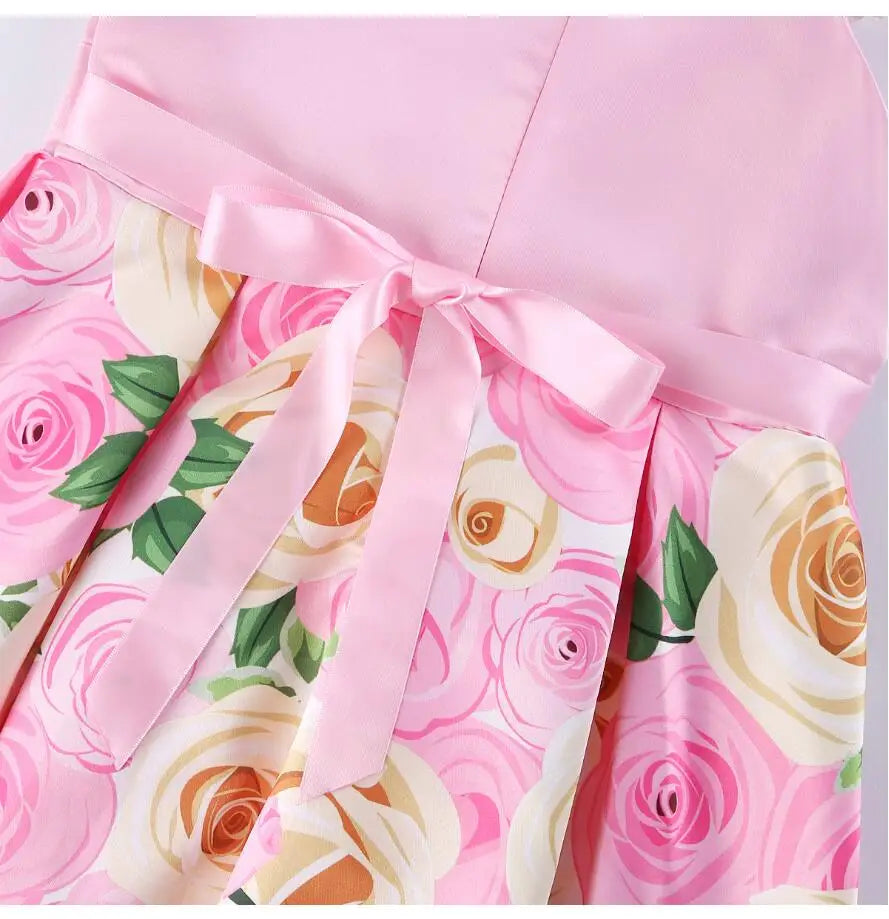Summer Girls Rose Print Dress Princess Wedding Birthday Party Frocks Satin Children Vestidos Dresses For Girl Christmas Clothing