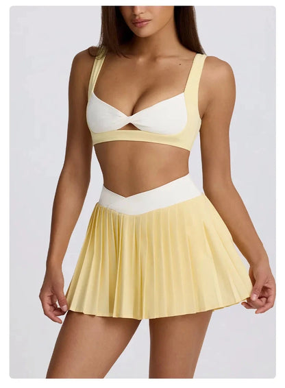 Sports Yoga Set 2 Pieces Women Tracksuit Sportswear Workout Running Clothing High Waist Short Skirt Sports Bra Athletic Wear