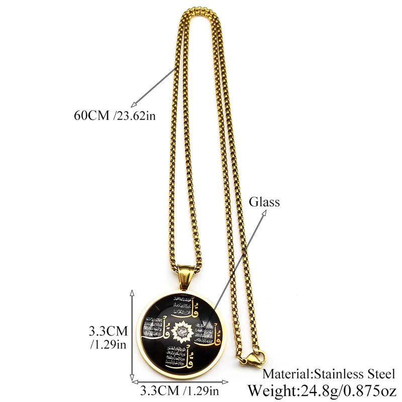 Islamic Arabic Letter Quran Allah God Round Glass Pendant Necklace for Women Men Gold Color Muslim Amulet Chain Jewelry Gift