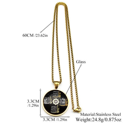 Islamic Arabic Letter Quran Allah God Round Glass Pendant Necklace for Women Men Gold Color Muslim Amulet Chain Jewelry Gift