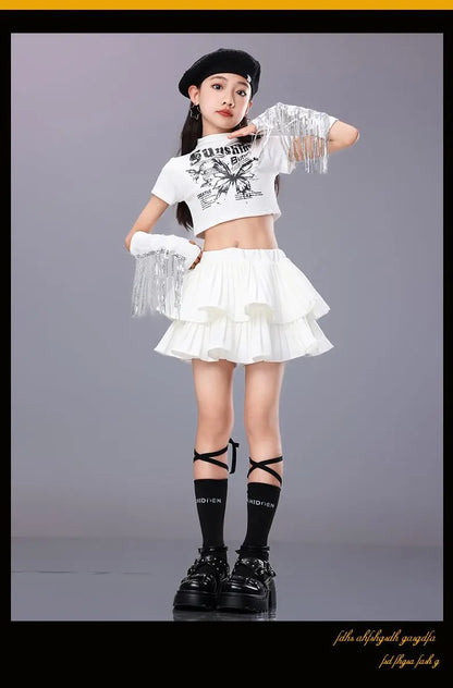 Hip Hop Girls Crop Top Plaid Street Dance Skirt Kids Ribbon Pleated Skirts Teens Jazz Cool Costumes Child Streetwear Clothes Set