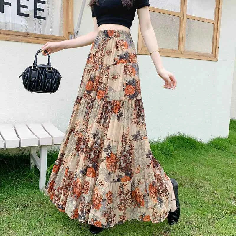 Retro Floral Pleated to Ankle f Skirt Women's Draped High Waist Midi A-Line Skirt Polyester Fiber Spring Season