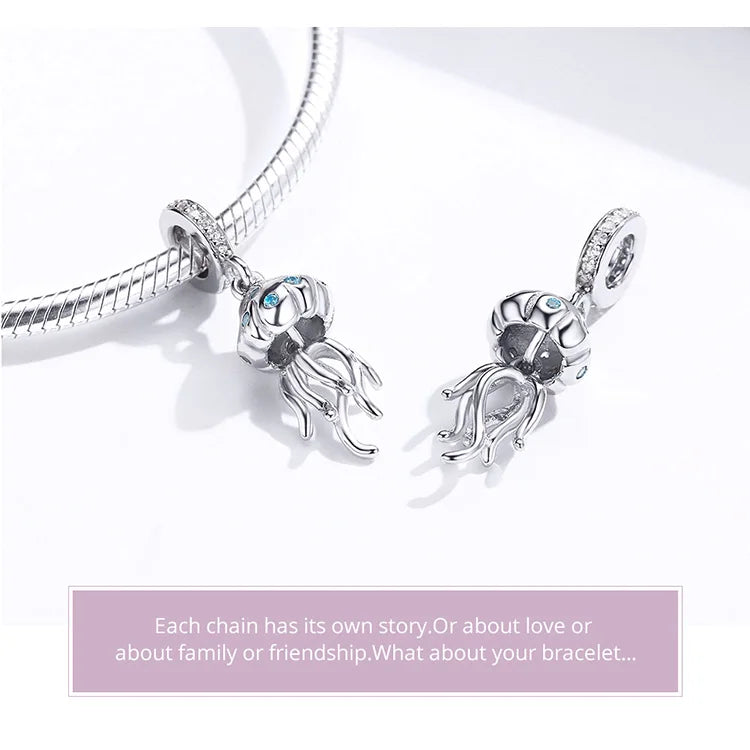 BISAER 925 Sterling Silver Charm Ocean Style Fish Dolphin Mermaid Shell Blue CZ Bead For Necklace&Bracelet DIY Fine Jewelry Gift - AMULET RING STORE