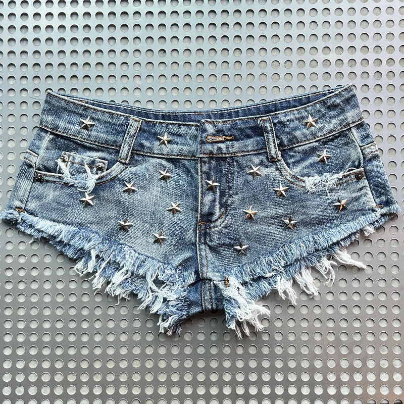 Slimming Skinny Denim Hot Pants - Vintage Wash Ultra Low-Rise Distressed Y2K Sexy Shorts for Baddie Street Style