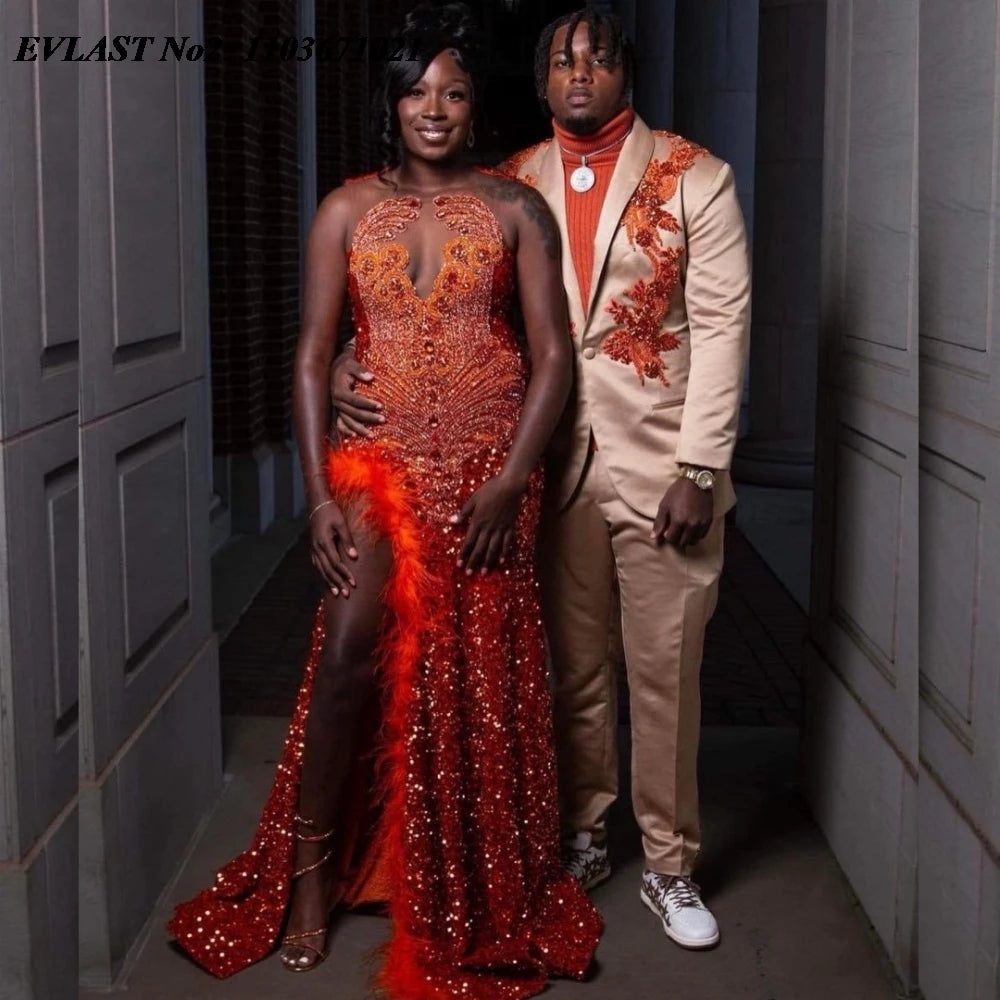 EVLAST Orange Sequin Mermaid Dress - Prom Gown - AMULET RING STORE