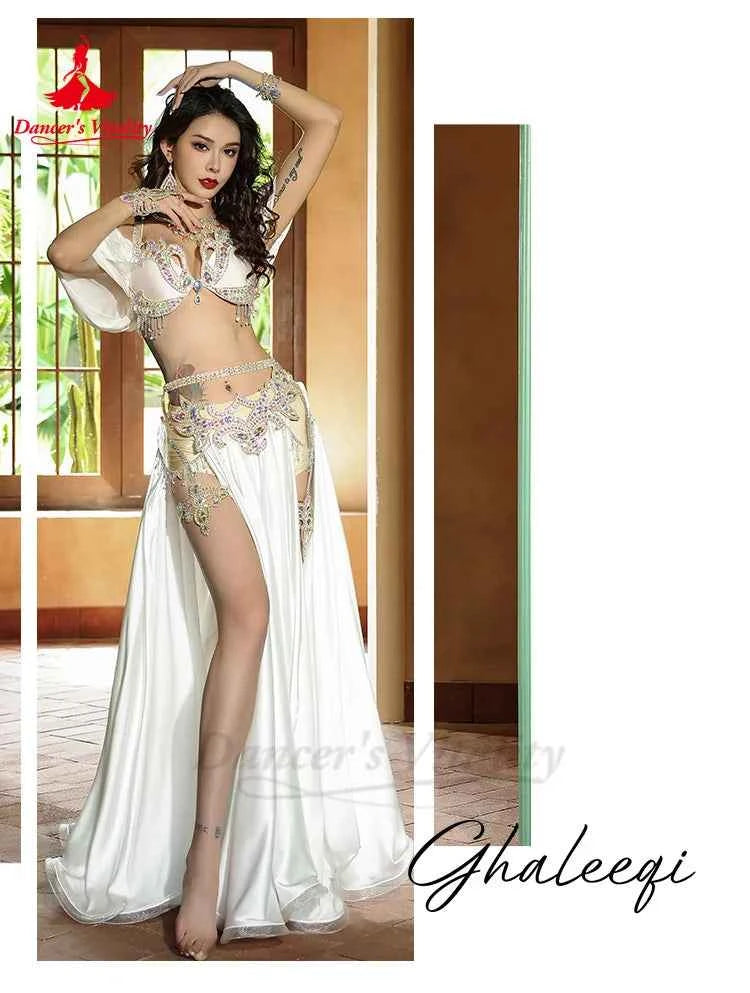 Belly Dance Performance Suit for Women Senior AB Stones Bra+satin Split Long Skirt 2pcs for Women Oriental Belly Dancing Outfit