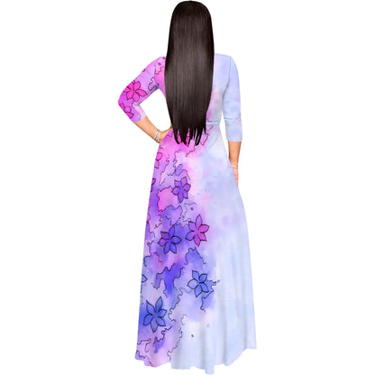 Floral V-Neck 3/4 Sleeve Wrap Maxi Dress with Belt - Women's Bold Elegant Party Evening Resortwear Date Night