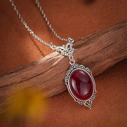 Gothic Blood Red Quartz Charm Necklace Oval Pendant Necklace For Women Halloween Vampire Embossed Witch Jewelry Vintage Chokers